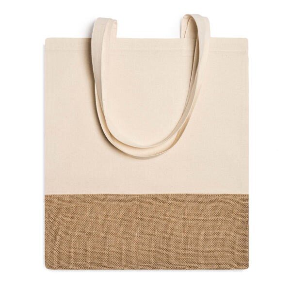 Iepirkumu maisiņš, izgatavots no 120 gsm kokvilnas un džutas, ar praktiskiem, pastiprinātiem 70 cm gariem rokturiem