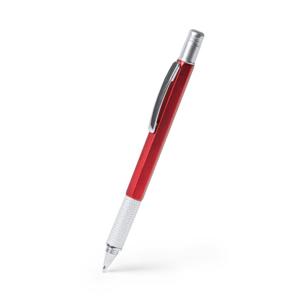 "4-in-1" daudzfunkciju lodīšu pildspalva: līmeņrādis, lineāls centimetros un collās, plakans skrūvgriezis un zvaigznītes veida skrūvgriezis